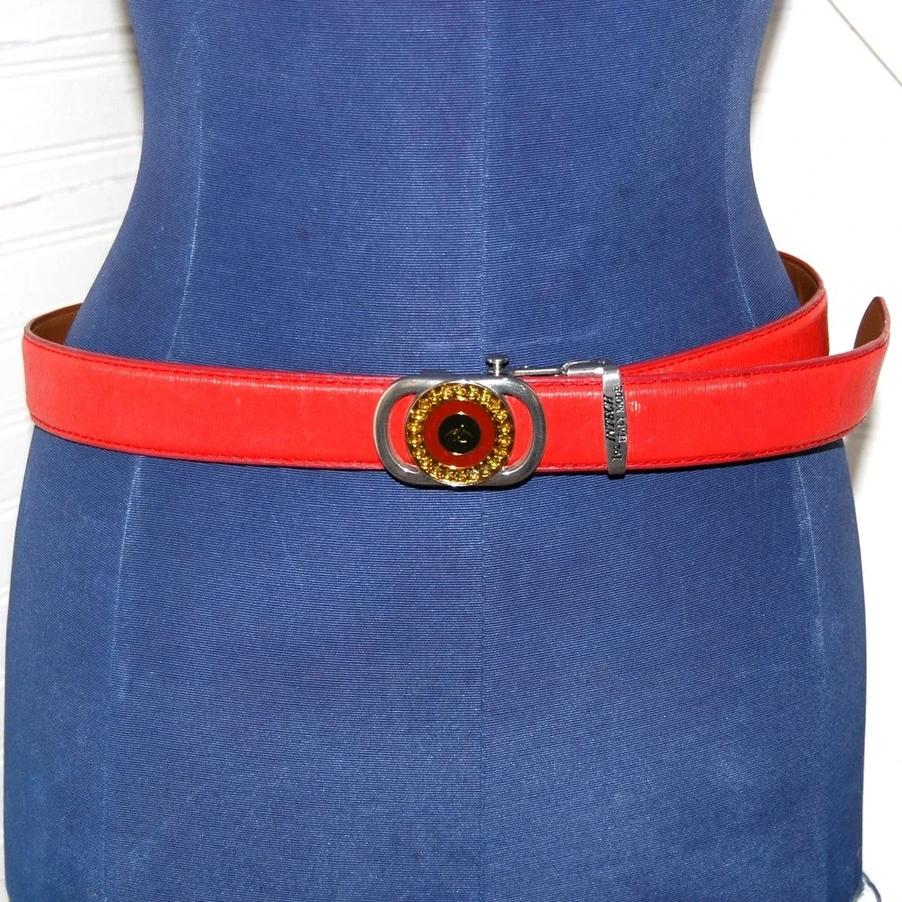 Vintage Red Ratchet Belt Men's 36 Italian Caros Faux‎ Leather Vegan